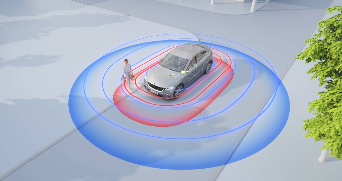 Woman approaching a car, symbolized localization using BLE and UWB satellites.
